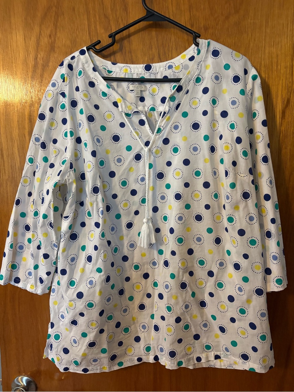 Talbots White Polka Dot Tassel Tunic — Navy, Teal & Yellow